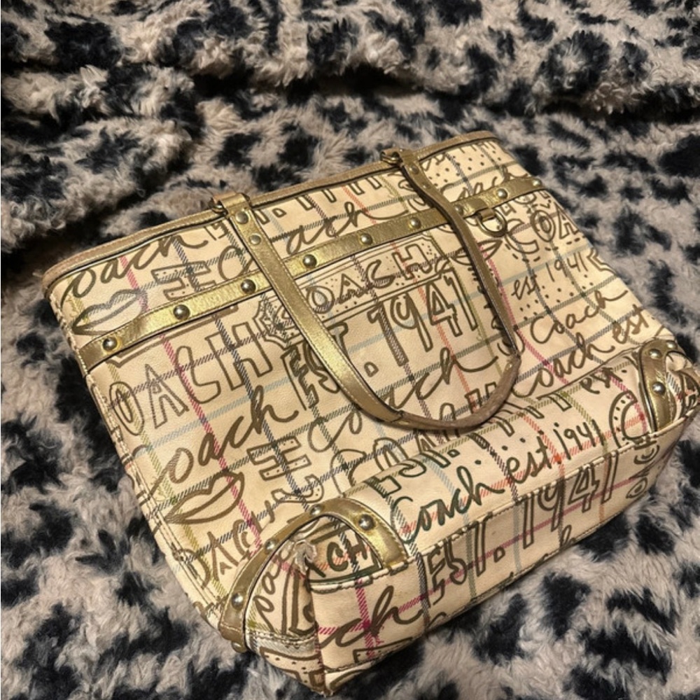 Coach Cream Signature Script Canvas Tote with Gold Trim